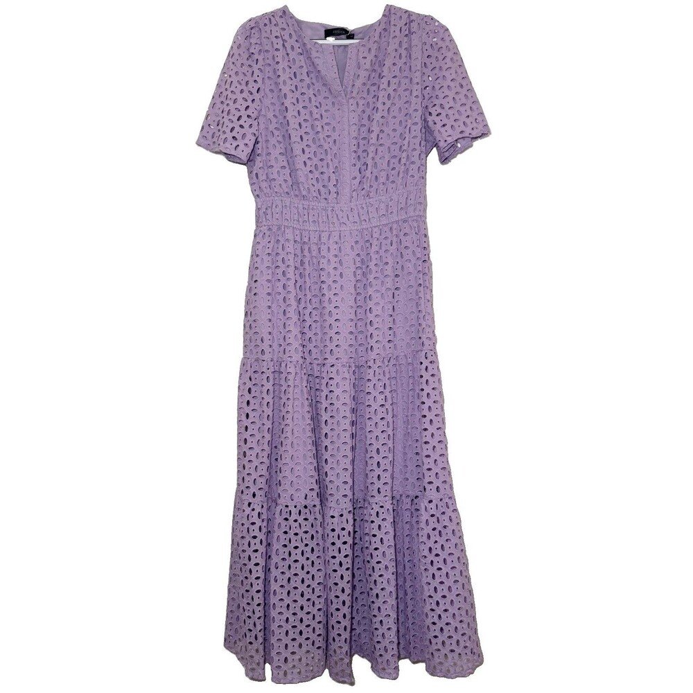 ZESICA Women’s L Purple Eyelet Ruffle A-Line Maxi Dress Pockets NWT